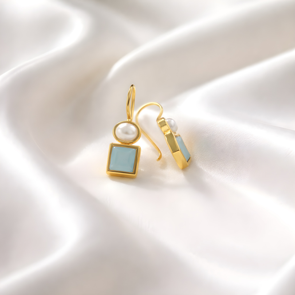 Amazonit Taşlı Kare Kesim İncili Gümüş Küpe