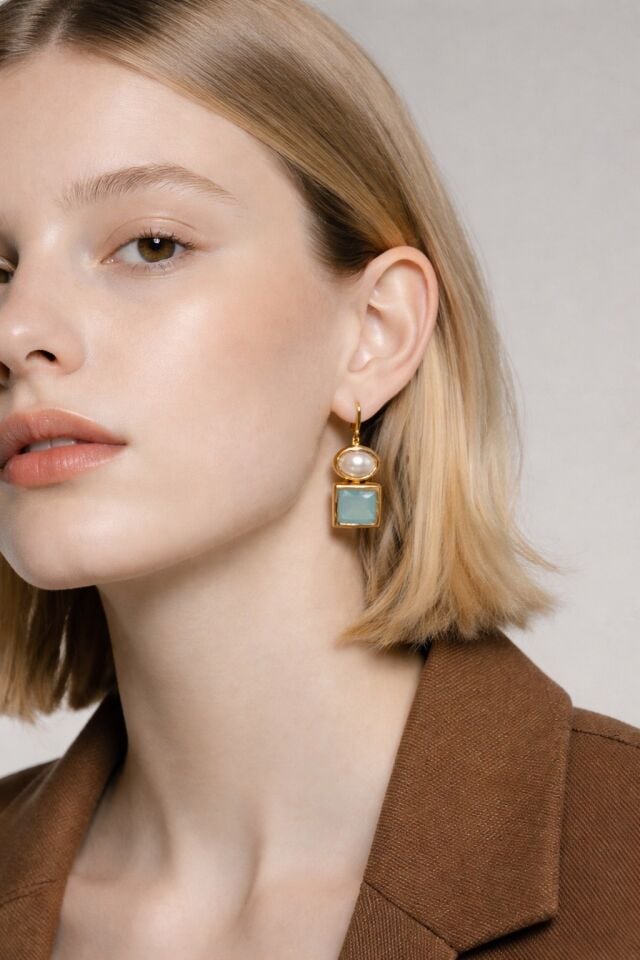 Amazonit Taşlı Kare Kesim İncili Gümüş Küpe