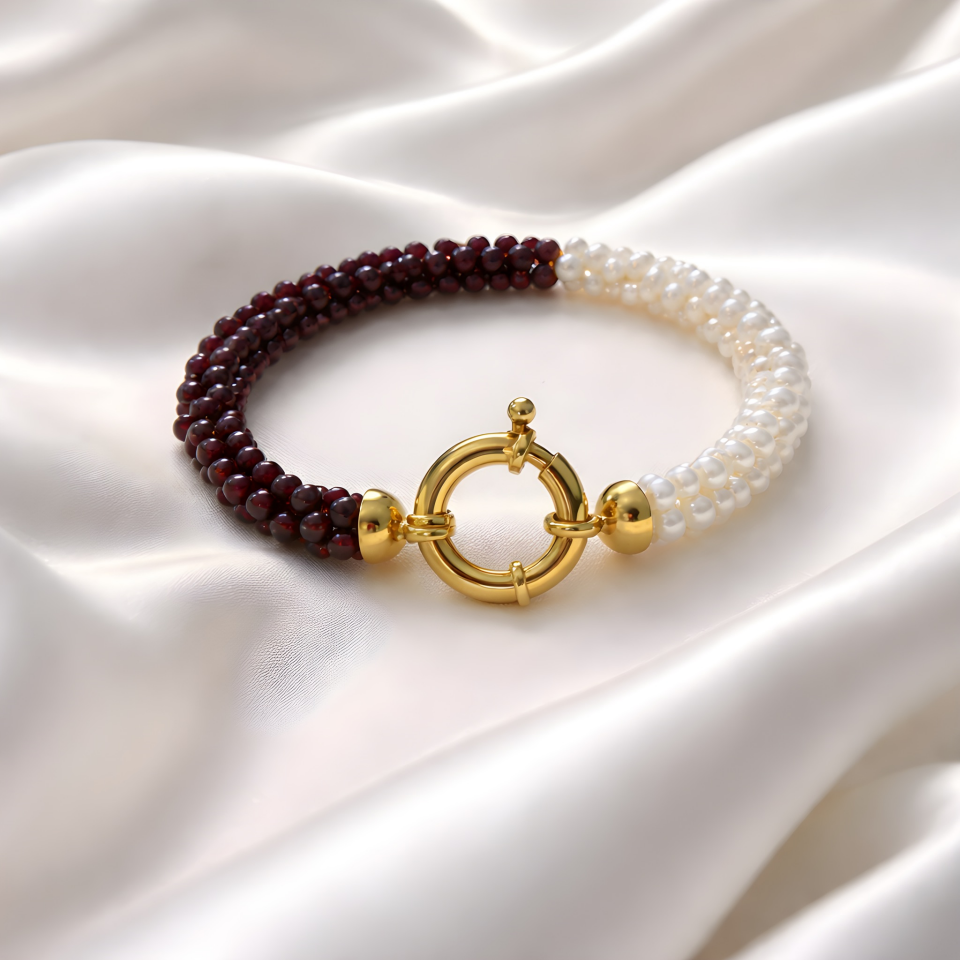 Altın Kaplama 925 Ayar Gümüş İncili Garnet Bileklik